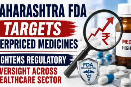 YouTube thumbnail highlighting Maharashtra FDA's action against overpriced medicines with bold text, medicine bottles, tablets, a magnifying glass showing a rising rupee price graph, and healthcare regulatory visuals.