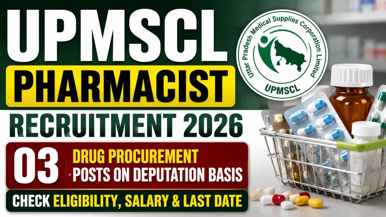 UPMSCL Pharmacist Recruitment 2026 thumbnail highlighting 03 Drug Procurement posts on deputation basis with UPMSCL logo, medicines, capsules, and pharmacy-themed background.