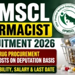 UPMSCL Pharmacist Recruitment 2026 thumbnail highlighting 03 Drug Procurement posts on deputation basis with UPMSCL logo, medicines, capsules, and pharmacy-themed background.