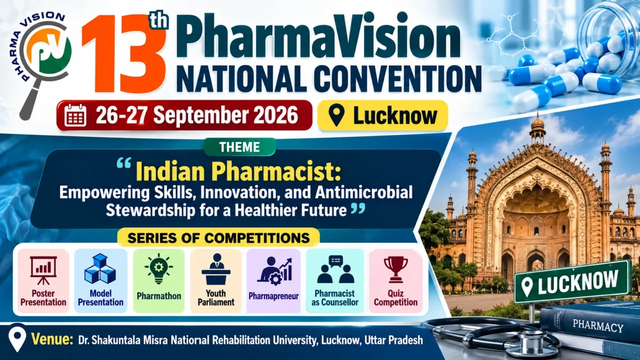 PharmaVision 13th National Convention 2026 thumbnail featuring Lucknow, convention dates, theme, competitions, and venue