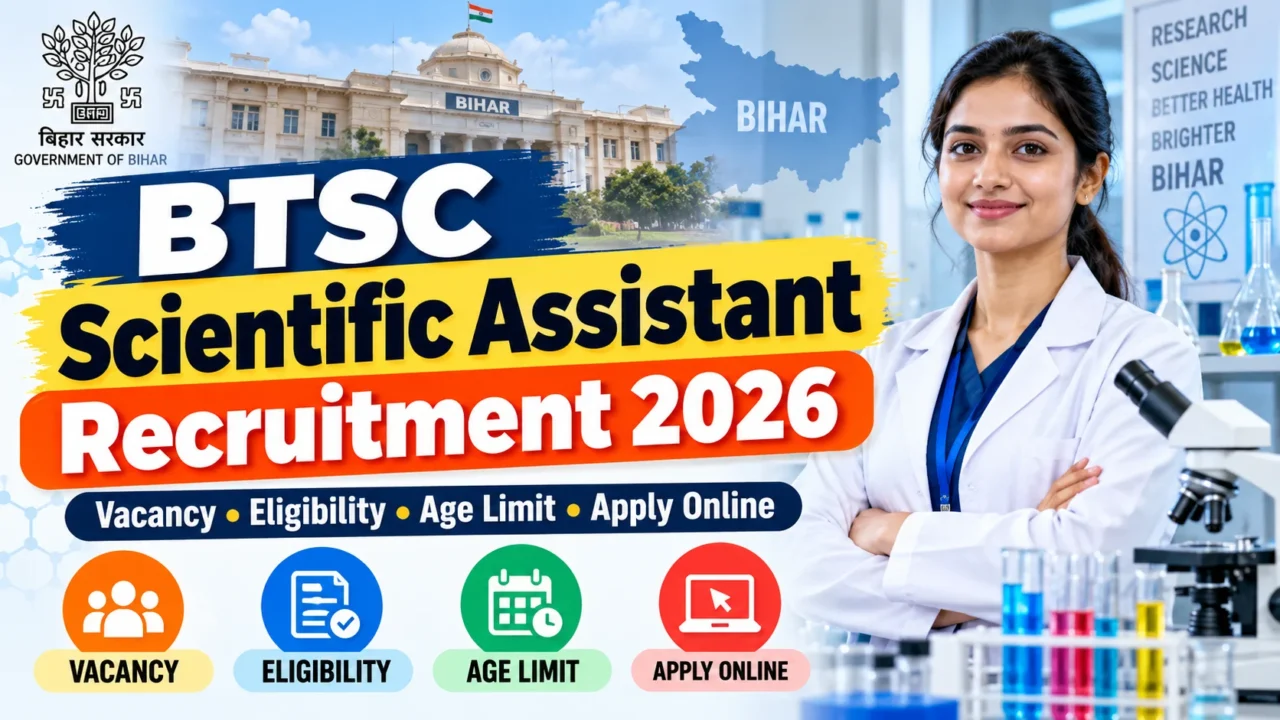 BTSC Scientific Assistant Recruitment 2026 thumbnail showing vacancy, eligibility, age limit and apply online details