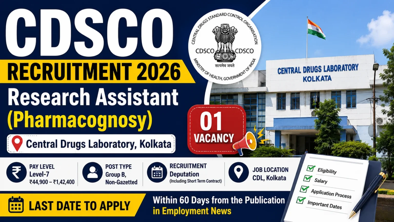 CDSCO Recruitment 2026 Research Assistant Pharmacognosy Vacancy at Central Drugs Laboratory Kolkata