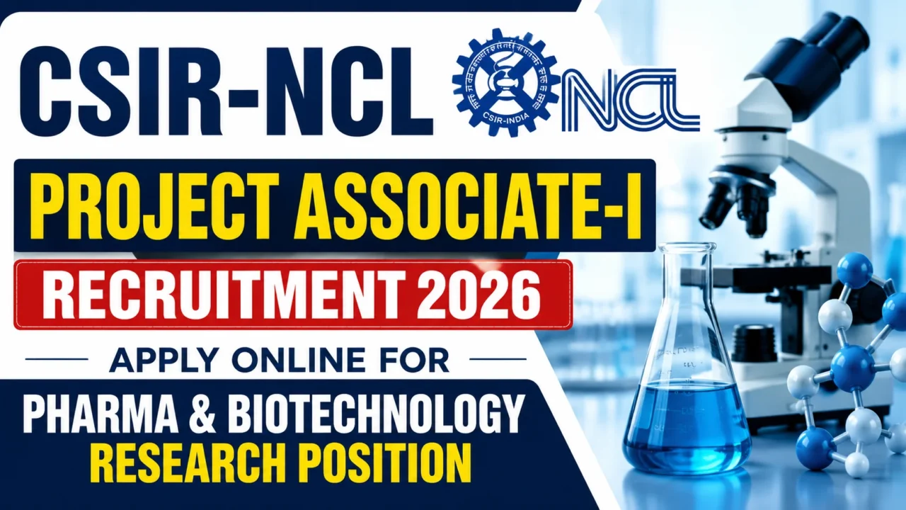 CSIR-NCL Project Associate-I Recruitment 2026 poster for Pharma and Biotechnology Research Position with laboratory background.