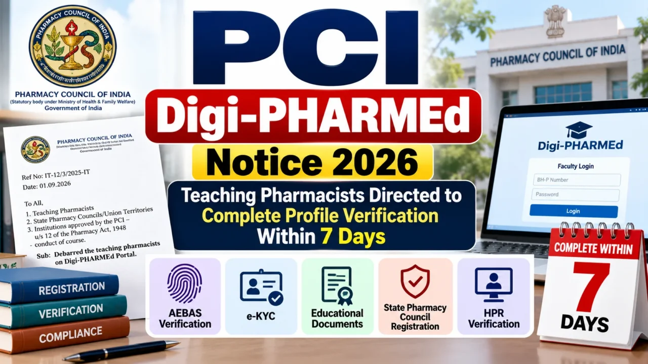 PCI Digi-PHARMEd Notice 2026 for teaching pharmacists, highlighting mandatory profile verification and a 7-day compliance deadline.