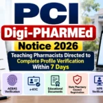 PCI Digi-PHARMEd Notice 2026 for teaching pharmacists, highlighting mandatory profile verification and a 7-day compliance deadline.