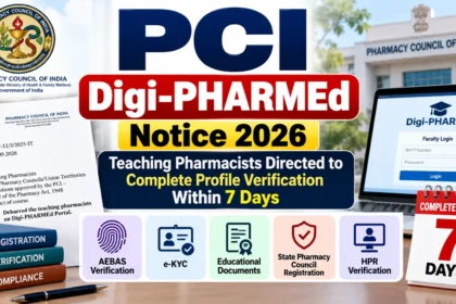 PCI Digi-PHARMEd Notice 2026 for teaching pharmacists, highlighting mandatory profile verification and a 7-day compliance deadline.