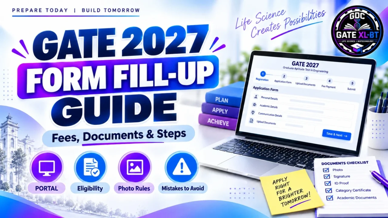GATE 2027 form fill-up guide thumbnail showing registration, fees, required documents, laptop application form, and step-by-step process