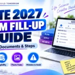 GATE 2027 form fill-up guide thumbnail showing registration, fees, required documents, laptop application form, and step-by-step process