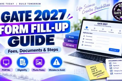 GATE 2027 form fill-up guide thumbnail showing registration, fees, required documents, laptop application form, and step-by-step process