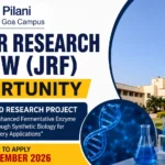 Junior Research Fellow (JRF) opportunity at BITS Pilani K K Birla Goa Campus under an ANRF-funded research project, featuring a laboratory, DNA, and campus imagery.