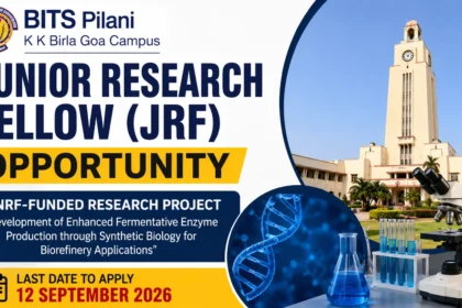 Junior Research Fellow (JRF) opportunity at BITS Pilani K K Birla Goa Campus under an ANRF-funded research project, featuring a laboratory, DNA, and campus imagery.