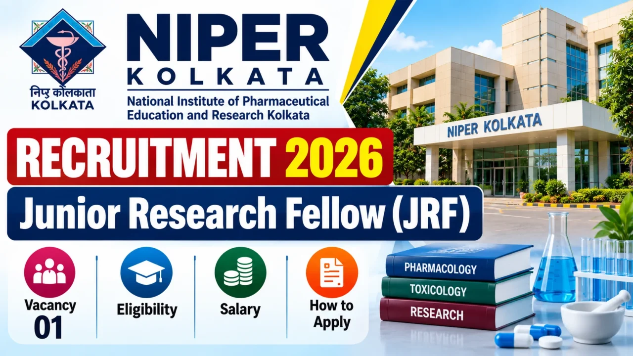NIPER Kolkata Recruitment 2026 for Junior Research Fellow (JRF), featuring the NIPER Kolkata campus, recruitment details, vacancy, eligibility, salary, and application information.