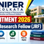 NIPER Kolkata Recruitment 2026 for Junior Research Fellow (JRF), featuring the NIPER Kolkata campus, recruitment details, vacancy, eligibility, salary, and application information.