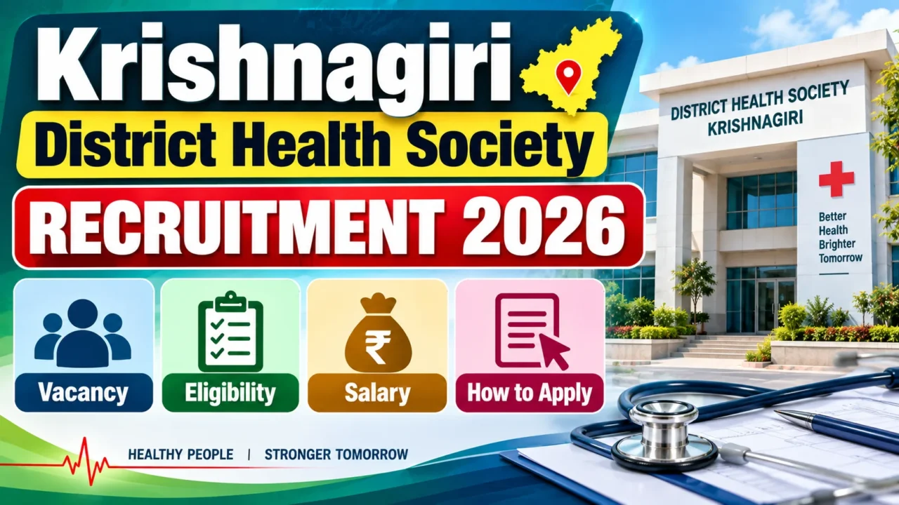 Krishnagiri District Health Society Recruitment 2026 thumbnail featuring vacancy, eligibility, salary, and application information with a health society building and medical elements.