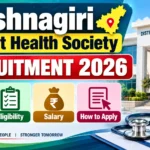 Krishnagiri District Health Society Recruitment 2026 thumbnail featuring vacancy, eligibility, salary, and application information with a health society building and medical elements.