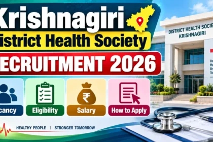 Krishnagiri District Health Society Recruitment 2026 thumbnail featuring vacancy, eligibility, salary, and application information with a health society building and medical elements.