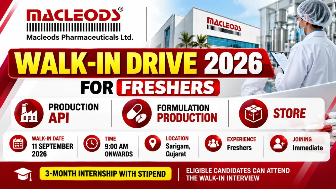 Macleods Pharmaceuticals Walk-In Drive 2026 for freshers in Production API, Formulation Production and Store
