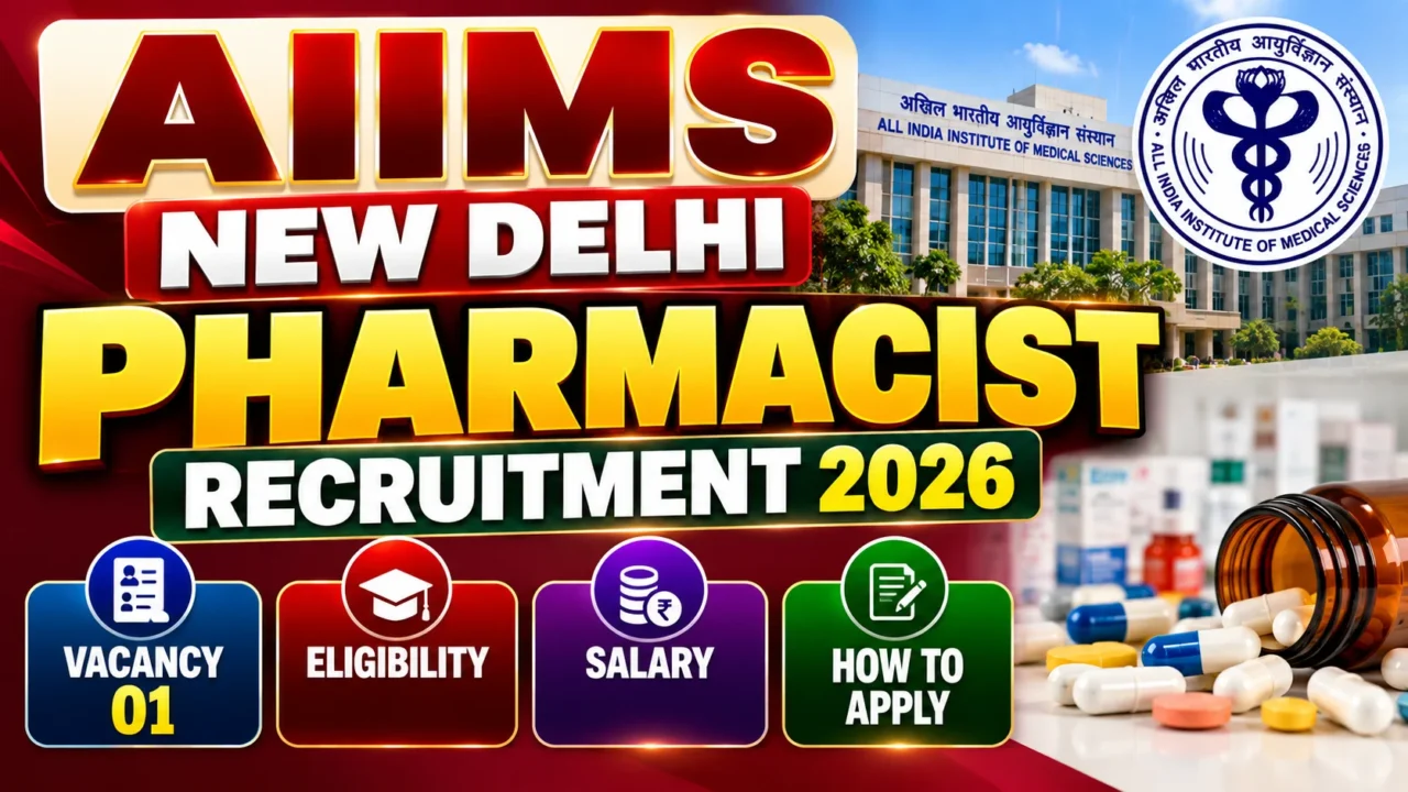 AIIMS New Delhi Pharmacist Recruitment 2026 thumbnail featuring AIIMS, Pharmacist vacancy, eligibility, salary and application details.