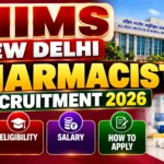 AIIMS New Delhi Pharmacist Recruitment 2026 thumbnail featuring AIIMS, Pharmacist vacancy, eligibility, salary and application details.