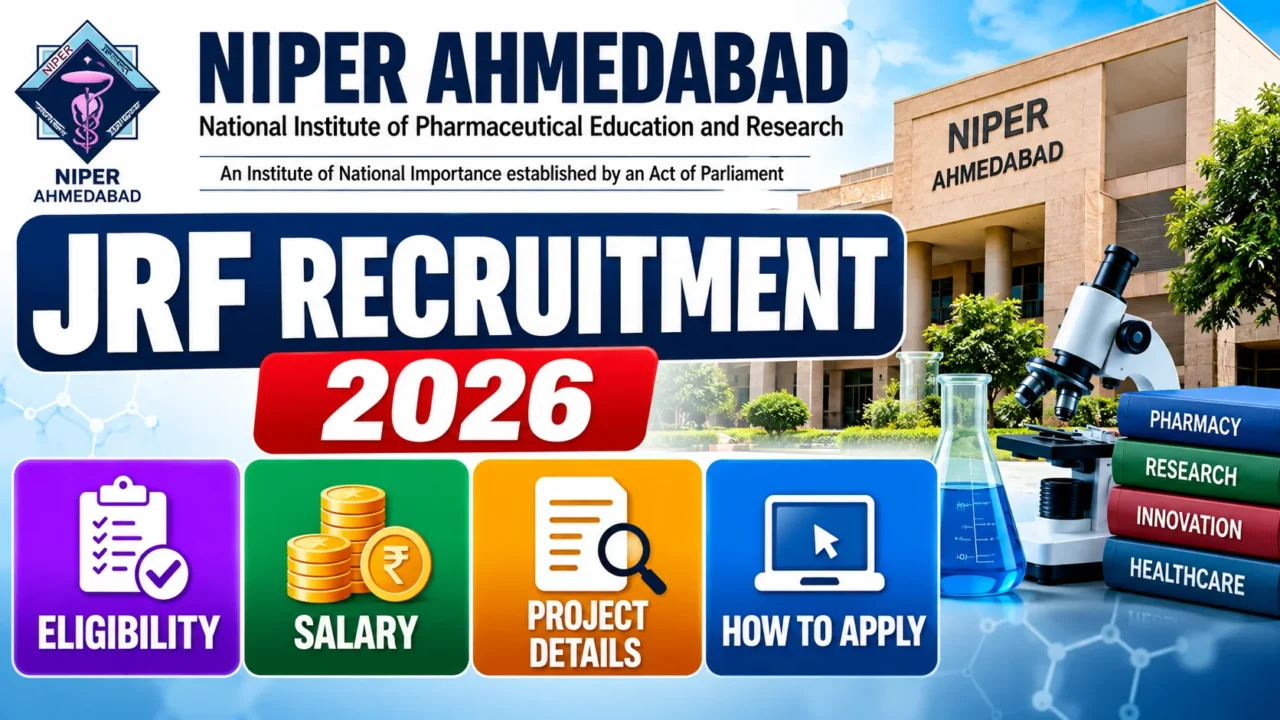 NIPER Ahmedabad JRF Recruitment 2026 thumbnail featuring NIPER Ahmedabad, eligibility, salary, project details and application information with laboratory imagery.