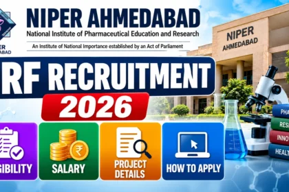 NIPER Ahmedabad JRF Recruitment 2026 thumbnail featuring NIPER Ahmedabad, eligibility, salary, project details and application information with laboratory imagery.