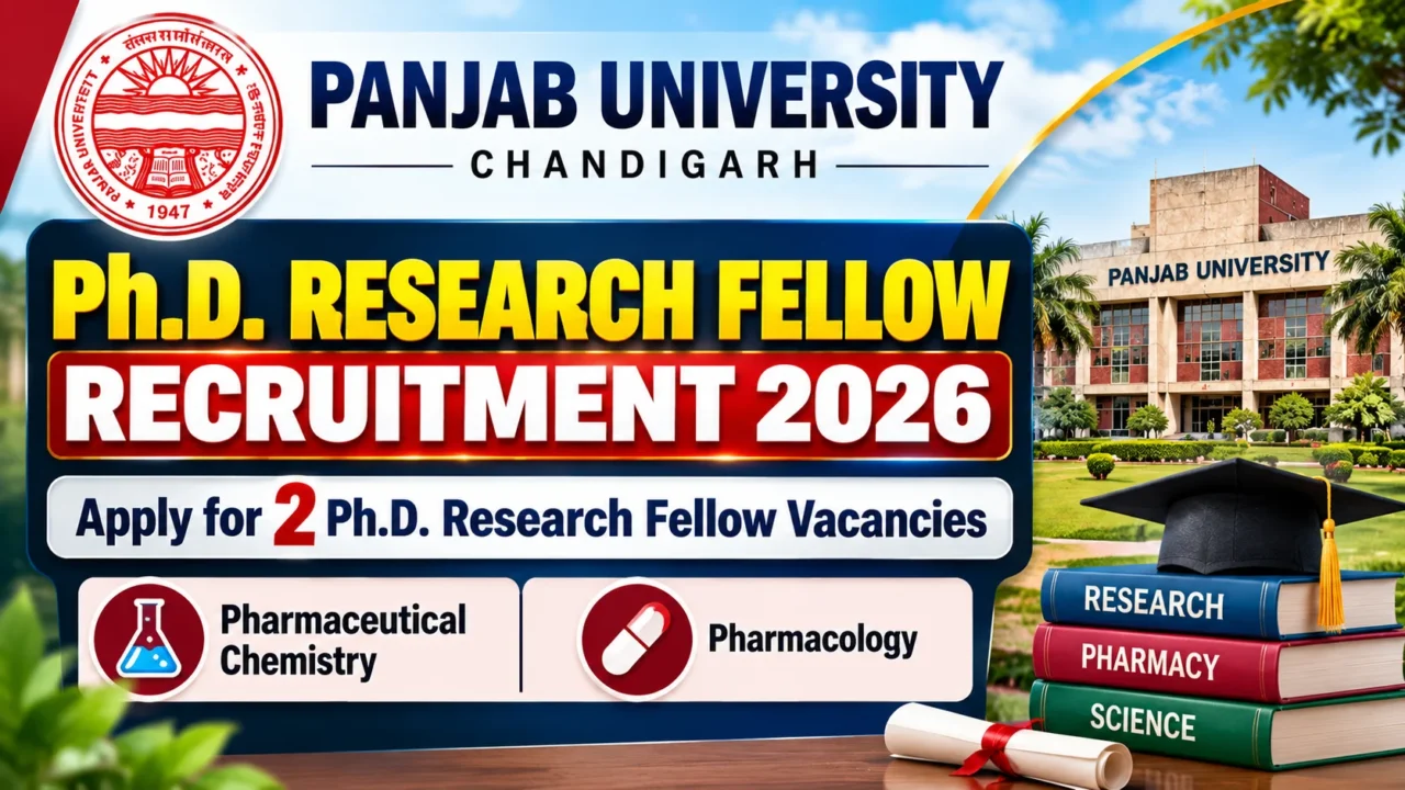 Panjab University Ph.D. Research Fellow Recruitment 2026 thumbnail featuring two Ph.D. research fellow vacancies in Pharmaceutical Chemistry and Pharmacology.