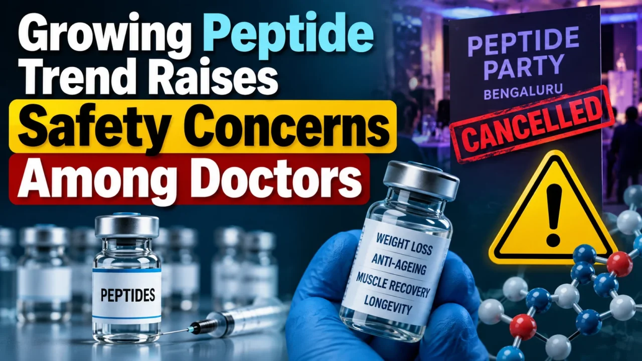 Growing Peptide Trend Raises Safety Concerns Among Doctors with peptide vials, syringe, warning symbol, and cancelled Peptide Party visual.