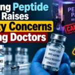 Growing Peptide Trend Raises Safety Concerns Among Doctors with peptide vials, syringe, warning symbol, and cancelled Peptide Party visual.