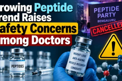 Growing Peptide Trend Raises Safety Concerns Among Doctors with peptide vials, syringe, warning symbol, and cancelled Peptide Party visual.