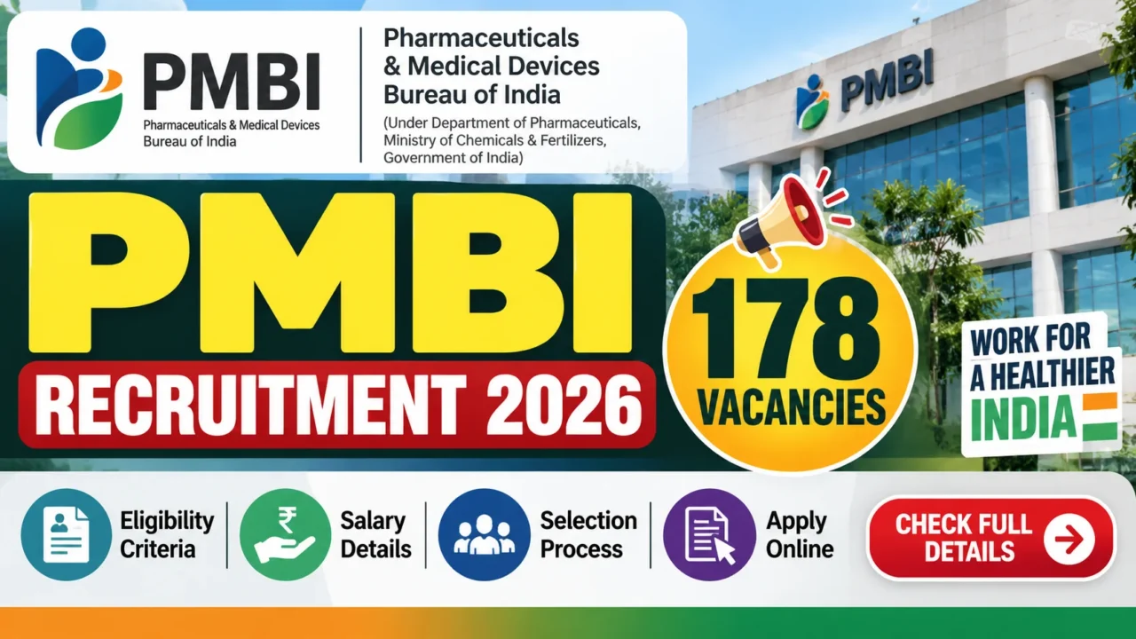 PMBI Recruitment 2026 thumbnail featuring recruitment details, eligibility, salary, selection process and online application.