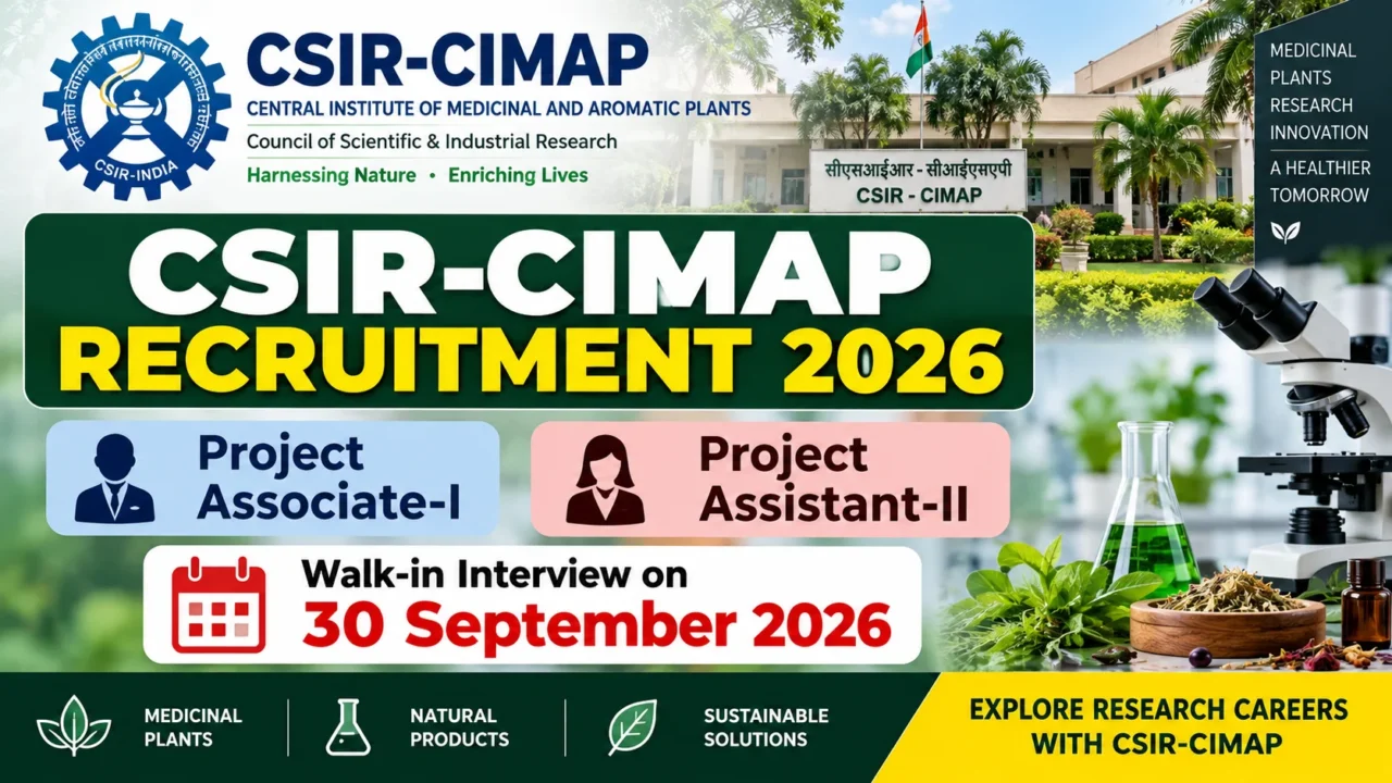 CSIR-CIMAP Recruitment 2026 for Project Associate-I and Project Assistant-II with walk-in interview on 30 September 2026