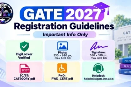 GATE 2027 Registration Guidelines with DigiLocker verification, photo, signature, category certificate, PwD certificate, and helpdesk details.
