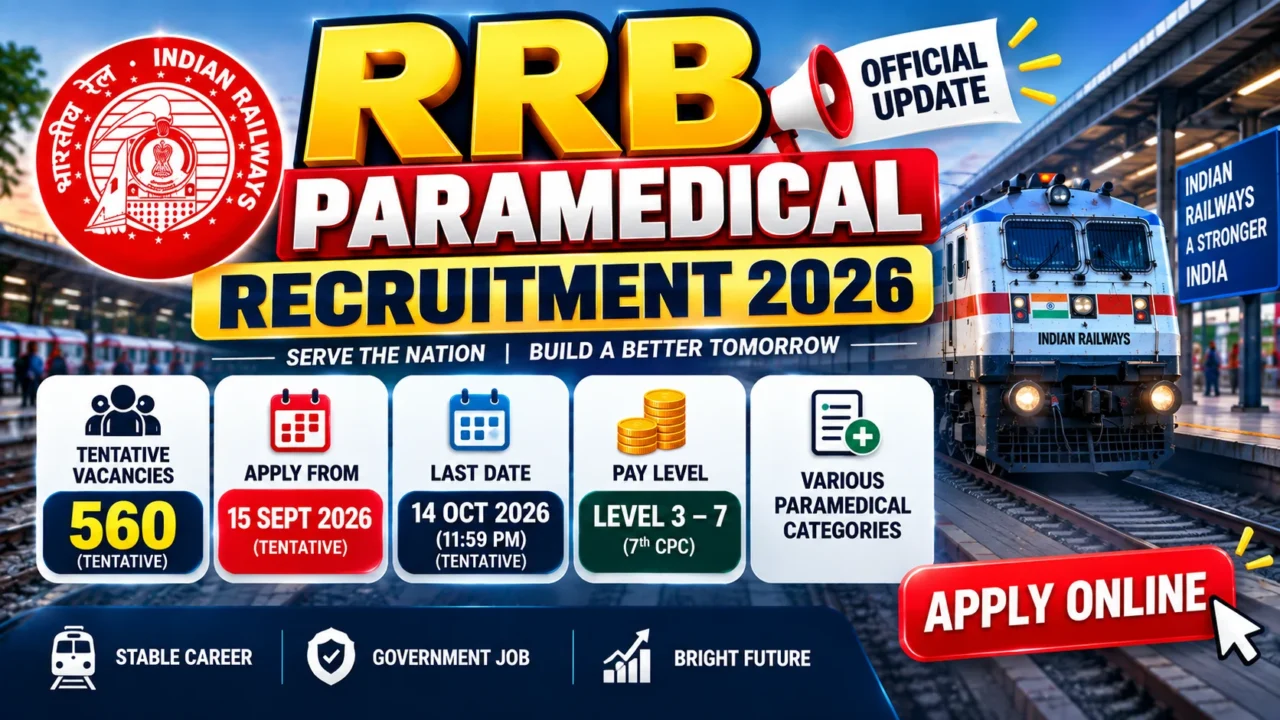 RRB Paramedical Recruitment 2026 notification for 560 tentative vacancies with application dates and Pay Level 3 to 7