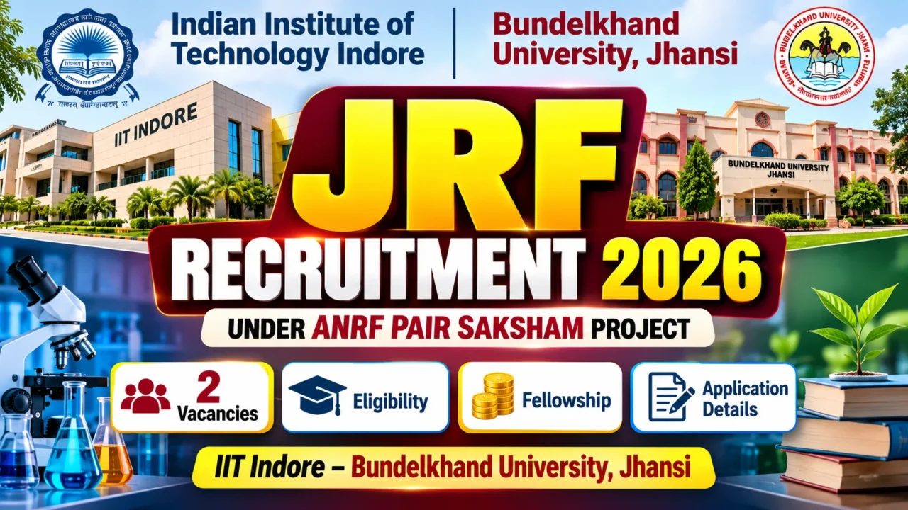 IIT Indore–Bundelkhand University JRF Recruitment 2026 thumbnail featuring 2 vacancies under ANRF PAIR SAKSHAM Project with fellowship and application details.