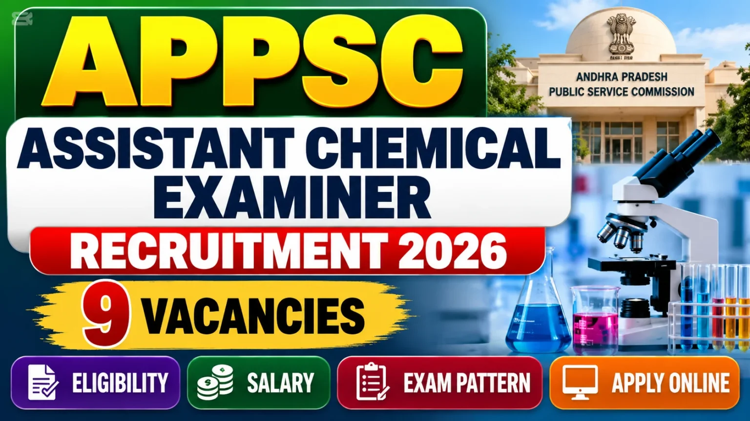 APPSC Assistant Chemical Examiner Recruitment 2026 thumbnail featuring 9 vacancies, eligibility, salary, exam pattern, and apply online details.