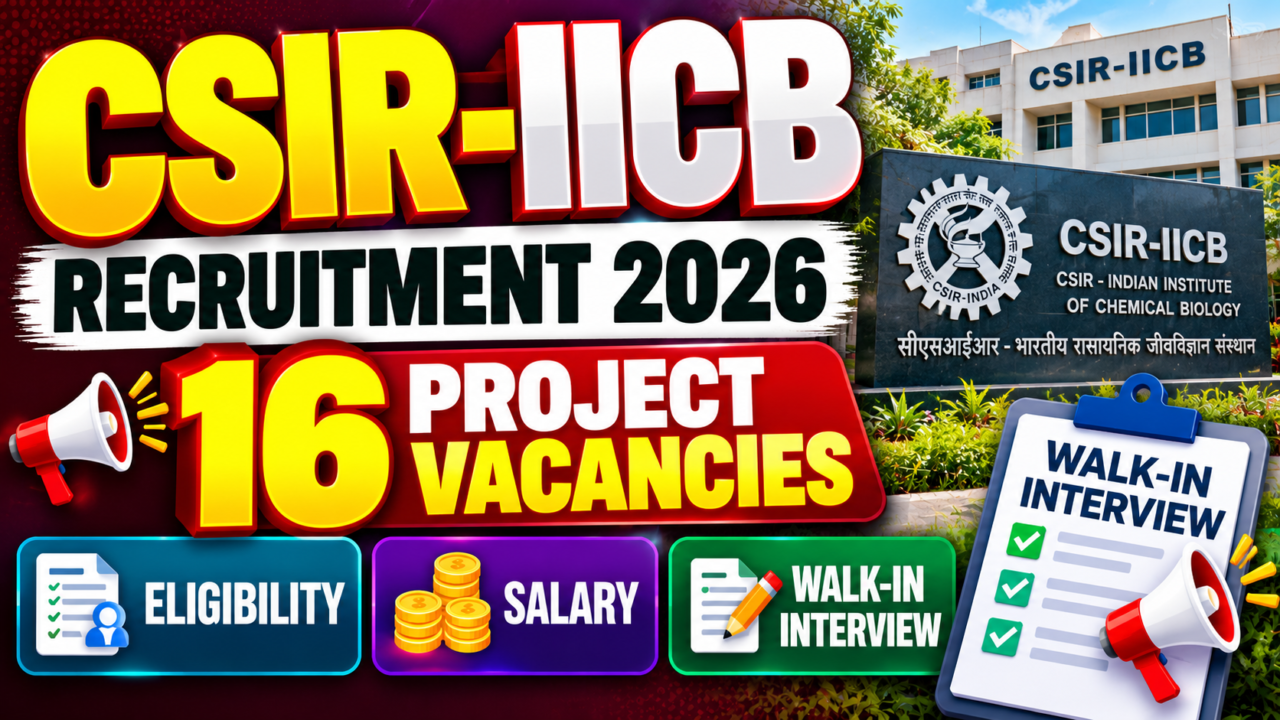 CSIR-IICB Recruitment 2026 thumbnail highlighting 16 project vacancies, eligibility criteria, salary details, and walk-in interview.
