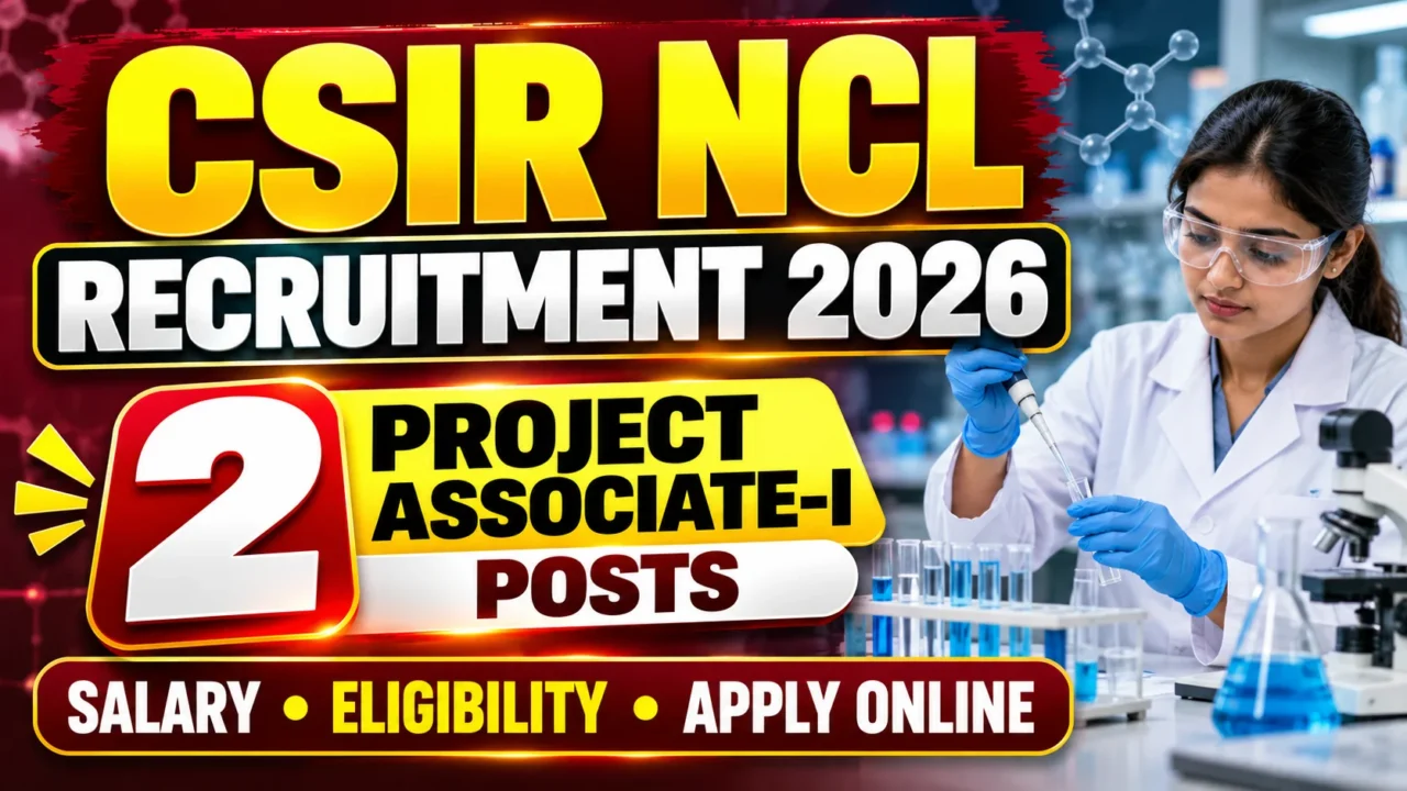 CSIR NCL Recruitment 2026 thumbnail highlighting 2 Project Associate-I posts, salary, eligibility, and apply online details.