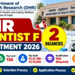 DHR Scientist F Recruitment 2026 notification featuring 2 vacancies, Pay Level 13A, and eligibility details.