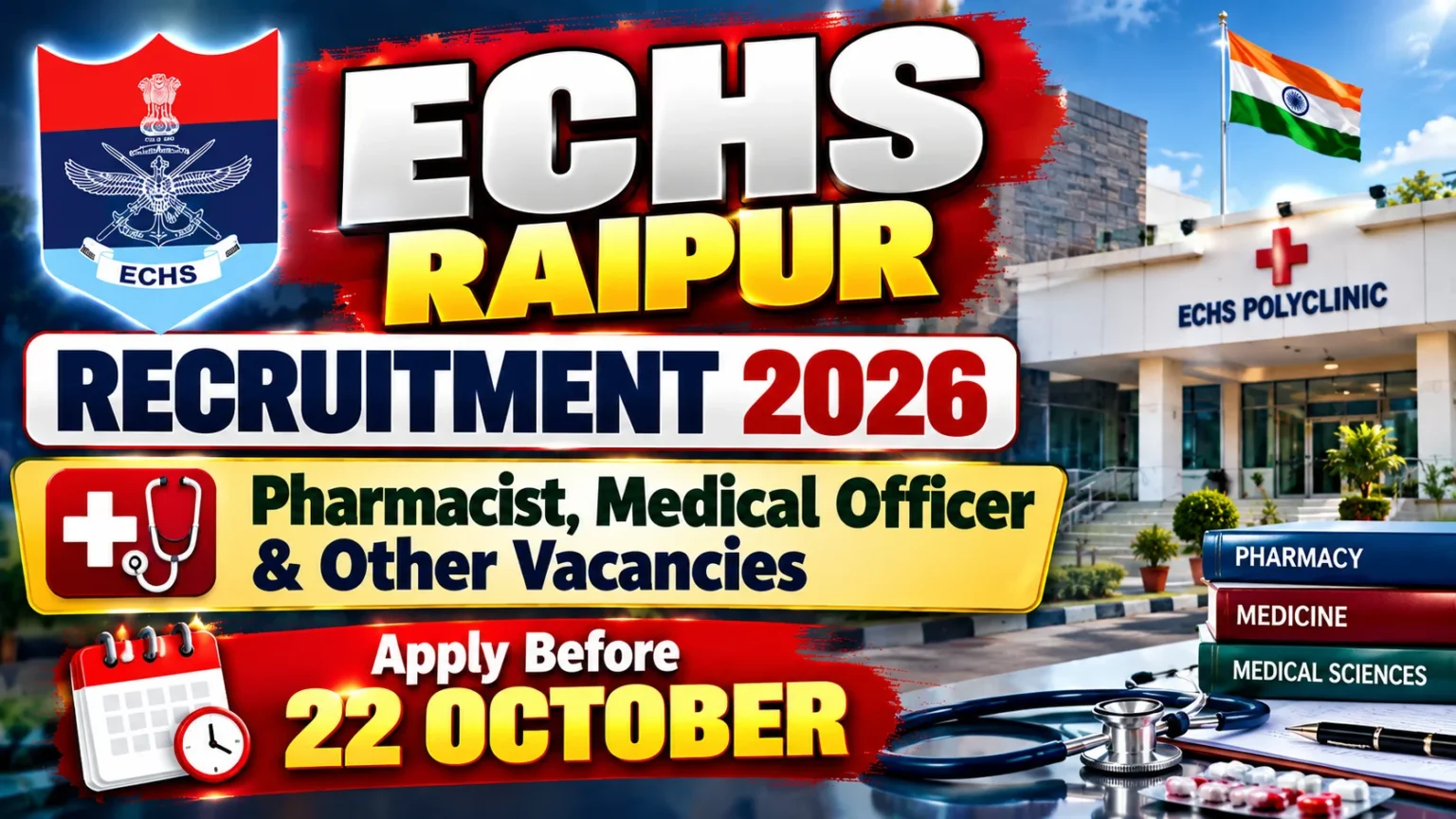 ECHS Raipur Recruitment 2026 thumbnail featuring Pharmacist, Medical Officer and other vacancies, with the application deadline of 22 October 2026.