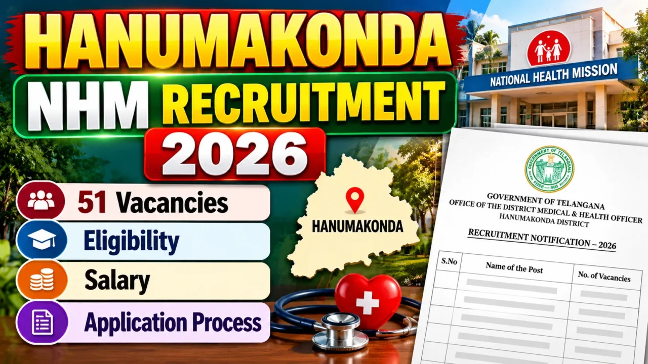 Hanumakonda NHM Recruitment 2026 thumbnail featuring 51 vacancies, eligibility, salary and application process.
