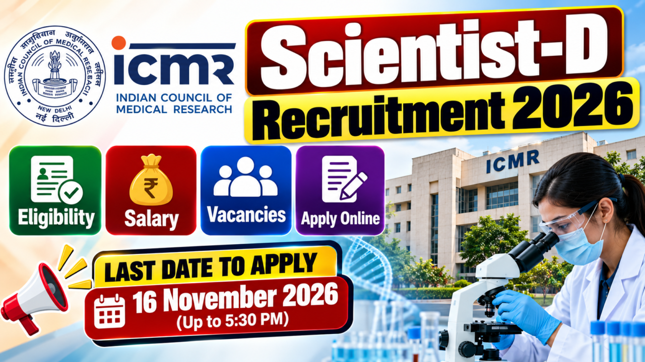 ICMR Scientist-D Recruitment 2026 thumbnail featuring eligibility, salary, vacancies, online application, and last date of 16 November 2026.