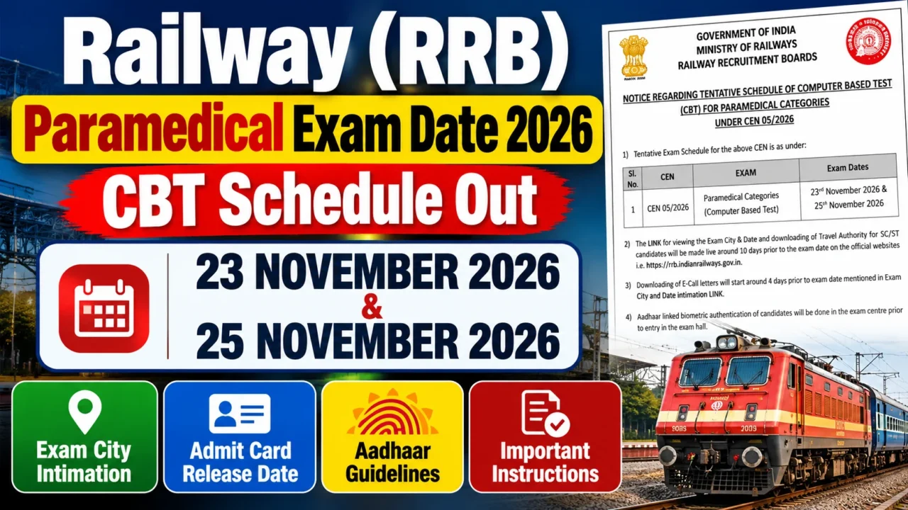 Railway (RRB) Paramedical Exam Date 2026 CBT Schedule Out – 23 and 25 November 2026
