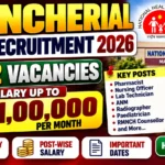 Mancherial NHM Recruitment 2026 thumbnail featuring 52 vacancies, Pharmacist and Nursing Officer jobs, and salary up to ₹1,00,000 per month.