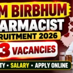 NHM Birbhum Pharmacist Recruitment 2026 thumbnail featuring 23 vacancies, eligibility, salary, and apply online details.