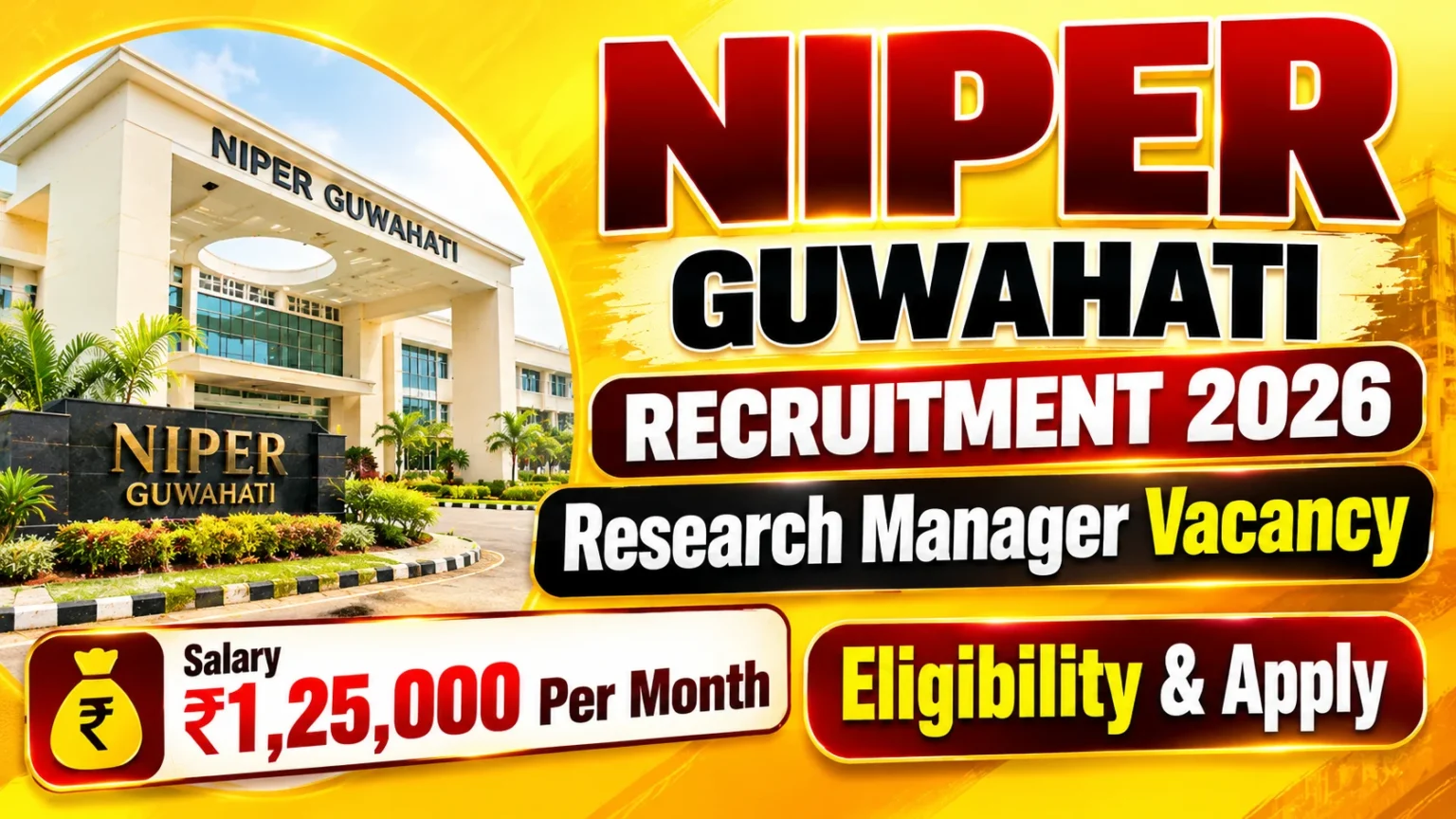 NIPER Guwahati Recruitment 2026 thumbnail featuring Research Manager vacancy and ₹1,25,000 monthly salary.