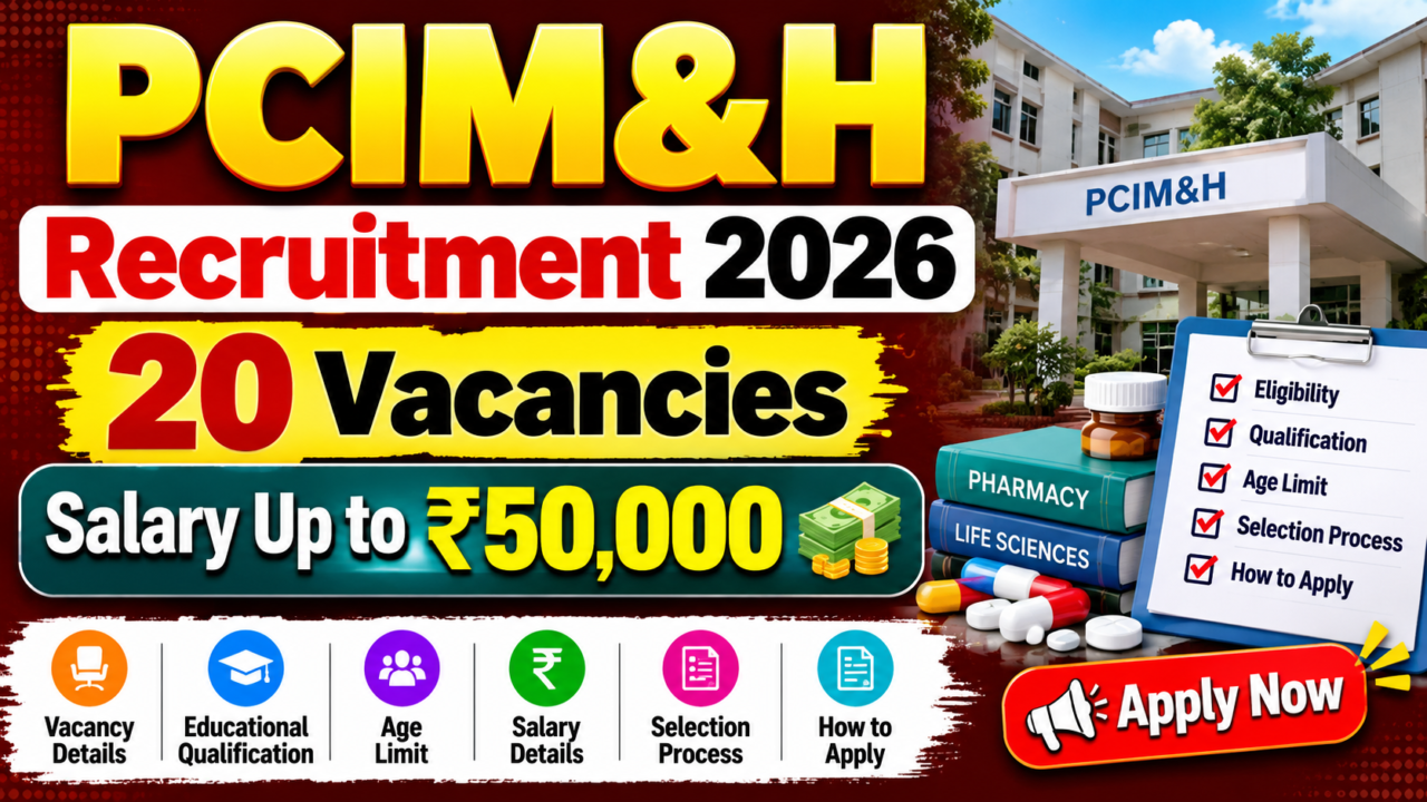 PCIM&H Recruitment 2026 notification thumbnail featuring 20 vacancies and salary up to ₹50,000.