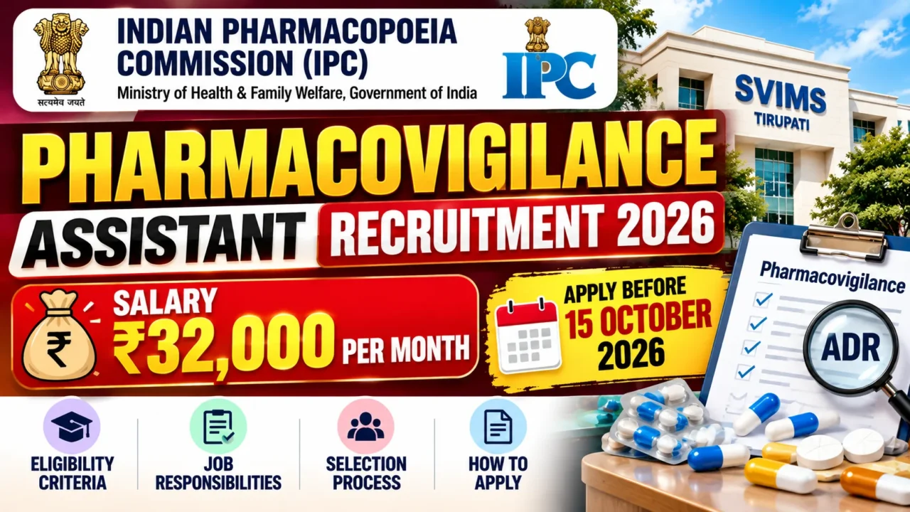 IPC Pharmacovigilance Assistant Recruitment 2026 thumbnail featuring ₹32,000 monthly salary, eligibility criteria, and last date 15 October 2026.