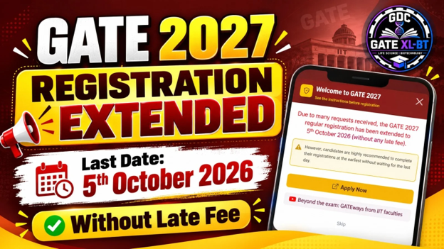 GATE 2027 registration extended thumbnail showing the revised last date of 5th October 2026 and registration without late fee.