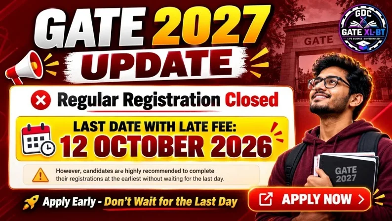 GATE 2027 registration update showing regular registration closed and last date with late fee on 12 October 2026